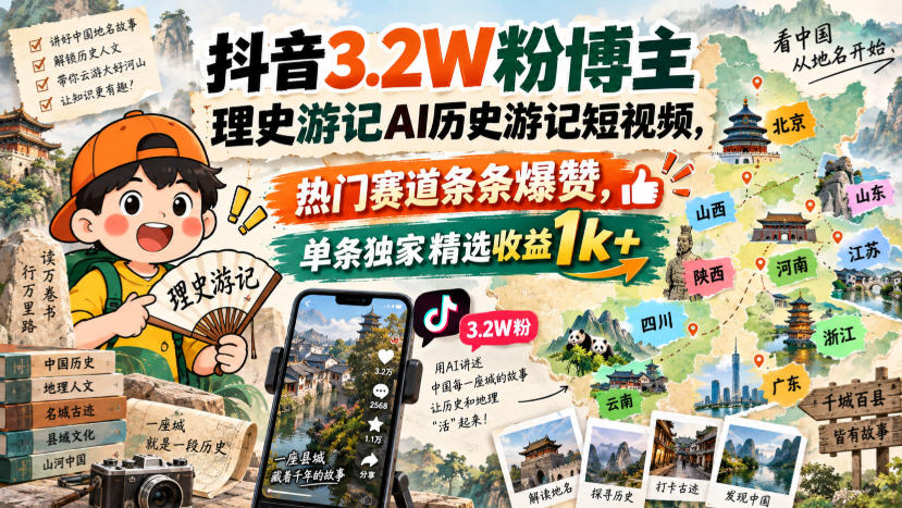 抖音3.2W粉博主理史游记AI历史游记短视频教学,热门赛道条条爆赞,单条独家精选收益1k+——生财有道创业项目网-生财有道