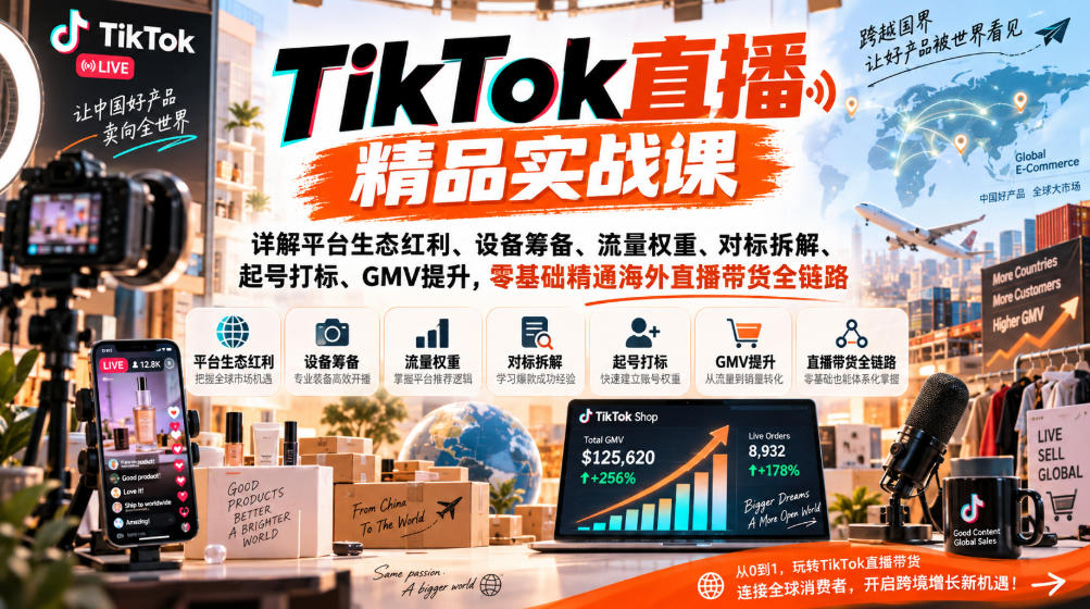 TikTok直播精品实战课，详解平台生态红利、设备筹备、流量权重、对标拆解、起号打标、GMV提升，零基础精通海外直播带货全链路——生财有道创业项目网-生财有道
