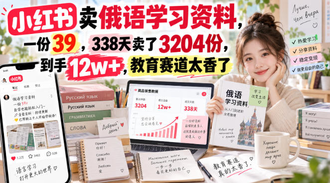 小红书卖俄语学习资料,一份39,338天卖了3204份,到手12w+,教育赛道太香了——生财有道创业项目网-生财有道