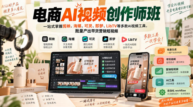 电商AI视频创作师班,一站式掌握剪映、海螺、可灵、即梦、LibTV等多款AI视频工具,批量产出带货营销短视频——生财有道创业项目网-生财有道