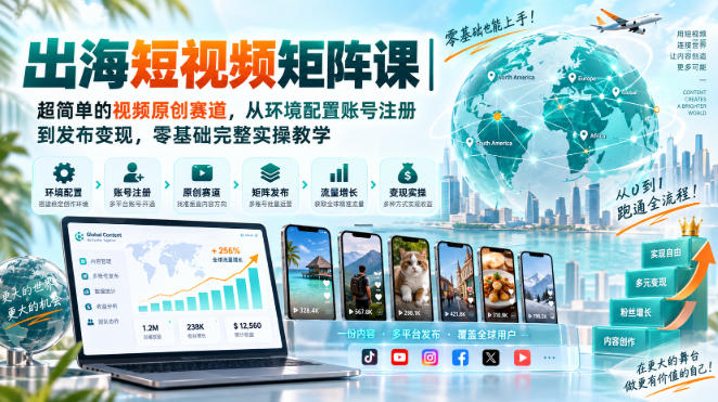 出海短视频矩阵课｜超简单的视频原创赛道，从环境配置账号注册到发布变现，零基础完整实操教学——生财有道创业项目网-生财有道