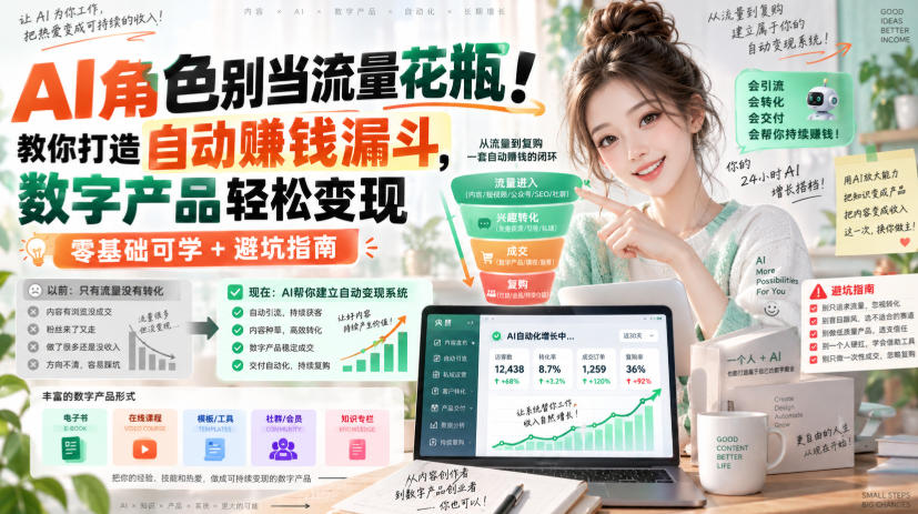 AI角色别当流量花瓶!教你打造自动賺钱漏斗,数字产品轻松变现(零基础可学+避坑指南)【原创双语字幕】——生财有道创业项目网-生财有道