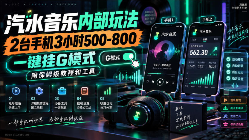 汽水音乐内部玩法，2台手机3小时500-800，一键挂G模式，附保姆级教程和工具【揭秘】——生财有道创业项目网-生财有道