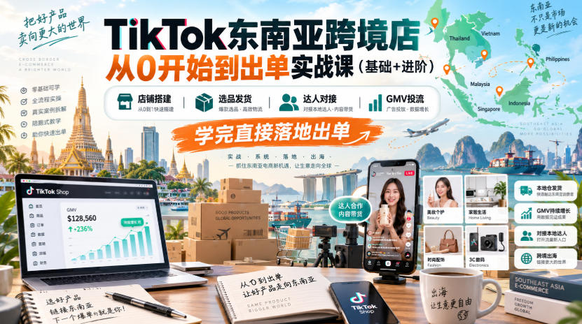 TikTok东南亚跨境店从0开始到出单实战课（基础+进阶），店铺搭建、选品发货、达人对接、GMV投流，学完直接落地出单——生财有道创业项目网-生财有道