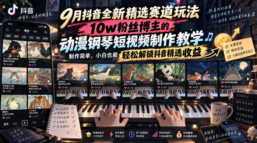 9月抖音全新精选赛道玩法，10w粉丝博主的动漫钢琴短视频制作教学，制作简单，小白也能轻松解锁抖音精选收益——生财有道创业项目网-生财有道