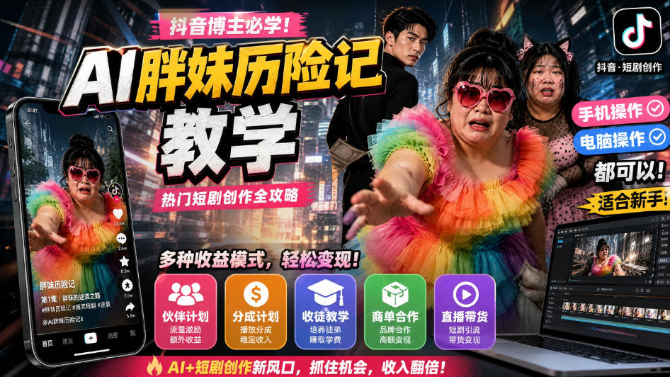 抖音博主的AI胖妹历险记教学，伙伴计划+分成计划+收徒+商单等多种收益，适合新手，手机电脑都可以操作——生财有道创业项目网-生财有道