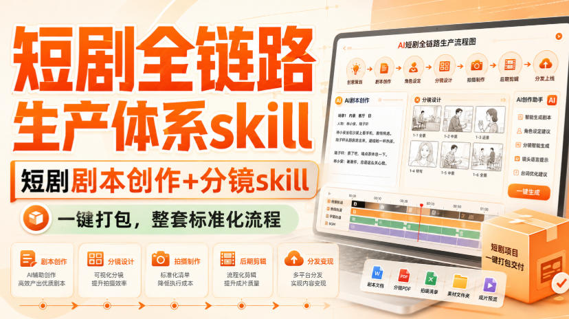 短剧全链路生产体系skill，短剧剧本创作+分镜skill，一键打包，整套标准化流程——生财有道创业项目网-生财有道