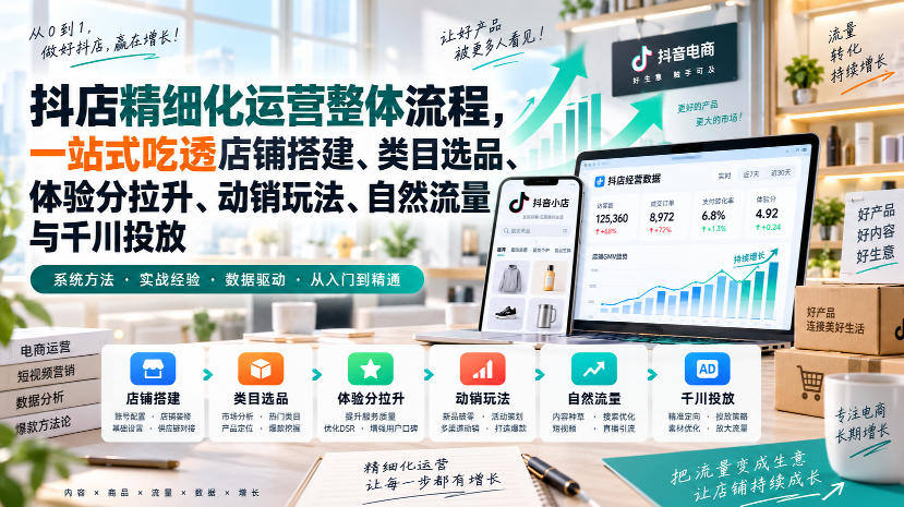 李哥电商-抖店精细化运营整体流程,一站式吃透店铺搭建、类目选品、体验分拉升、动销玩法、自然流量与千川投放——生财有道创业项目网-生财有道