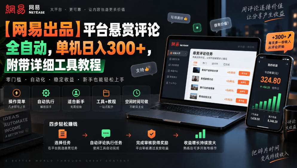 【网易出品】平台悬赏评论全自动，单机日入300+，附带详细工具教程【揭秘】——生财有道创业项目网-生财有道