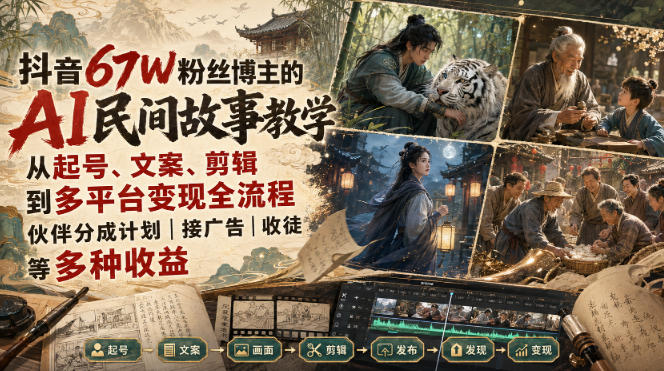 图片[1]-抖音67W粉丝博主的AI民间故事教学，从起号、文案、剪辑到多平台变现全流程，伙伴分成计划接广告等多种收益，月入1W+——生财有道创业项目网-生财有道