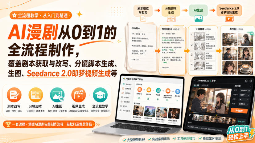 AI漫剧从0到1的全流程制作,覆盖剧本获取与改写、分镜脚本生成、角色场景生图与三视图、Seedance 2.0即梦视频生成(PDF版)——生财有道创业项目网-生财有道