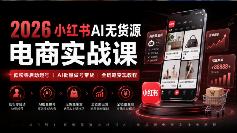 2026小红书AI无货源电商实战课｜低粉零启动起号｜AI批量做号带货全链路变现教程——生财有道创业项目网-生财有道