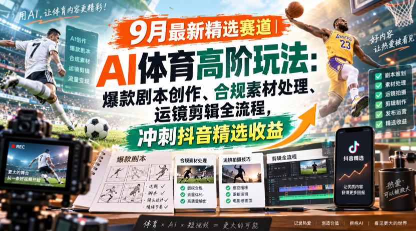 某大佬的9月最新精选赛道之AI体育顶级玩法，爆款剧本创作、版权规避、运镜剪辑全流程，稳拿抖音精选收益——生财有道创业项目网-生财有道