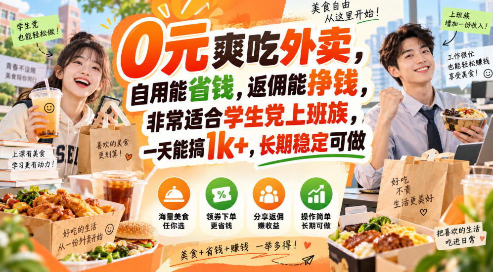 0元爽吃外卖，自用能省钱，返佣能挣钱，非常适合学生党上班族，一天能搞1k+，长期稳定可做——生财有道创业项目网-生财有道