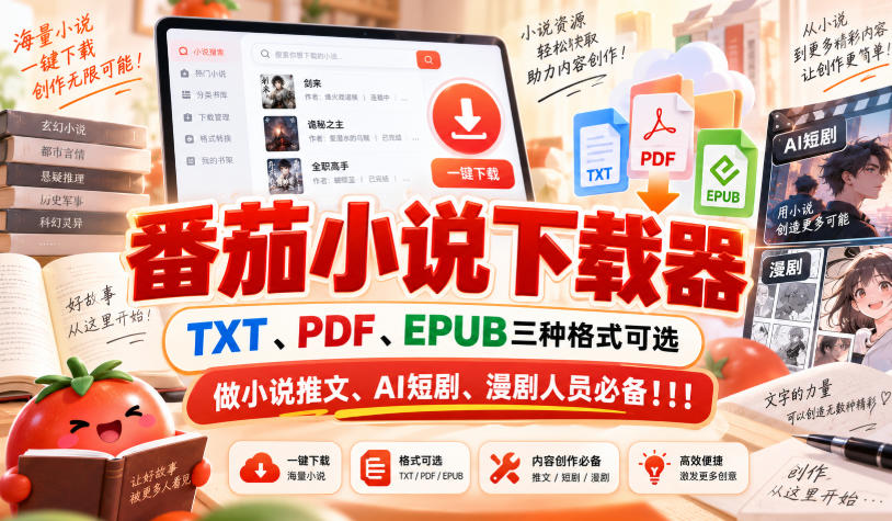 番茄小说下载器,TXT、PDF、EPUB三种格式可选,做小说推文、AI短剧、漫剧人员必备!!!——生财有道创业项目网-生财有道