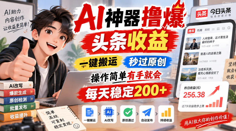 AI神器撸爆头条收益,一键搬运,秒过原创,操作简单有手就会,每天稳定200+【揭秘】——生财有道创业项目网-生财有道