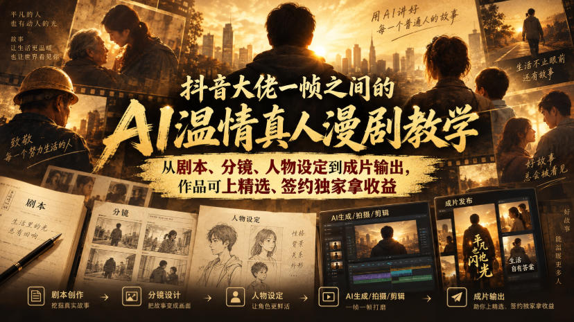 抖音大佬一帧之间的AI温情真人漫剧教学，从剧本、分镜、人物设定到成片输出，作品可上精选、签约独家拿收益——生财有道创业项目网-生财有道