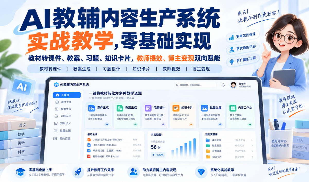 AI教辅内容生产系统实战教学，零基础实现教材转课件、教案、习题、知识卡片，教师提效、博主变现双向赋能——生财有道创业项目网-生财有道