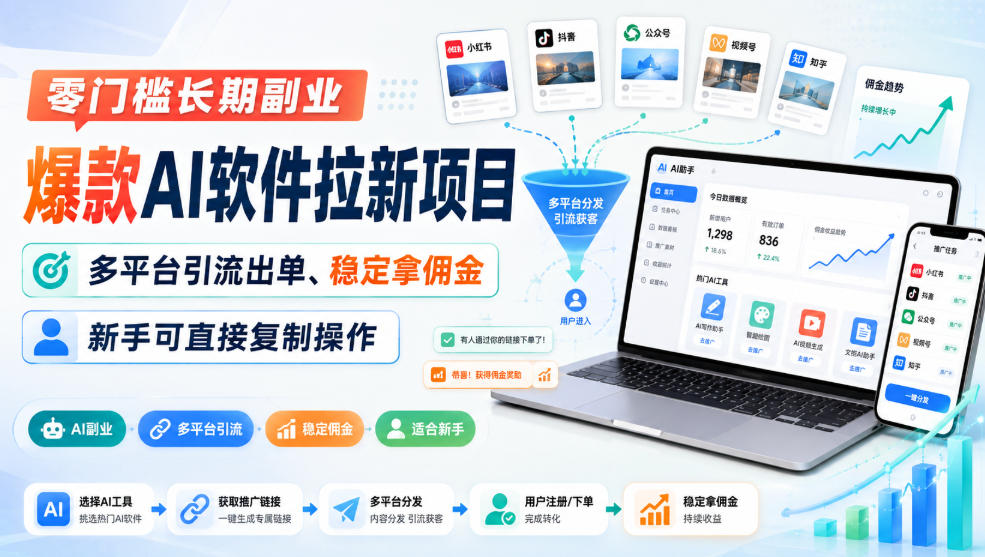零门槛长期副业,爆款AI软件拉新项目,多平台引流出单、稳定拿佣金,新手可直接复制操作——生财有道创业项目网-生财有道