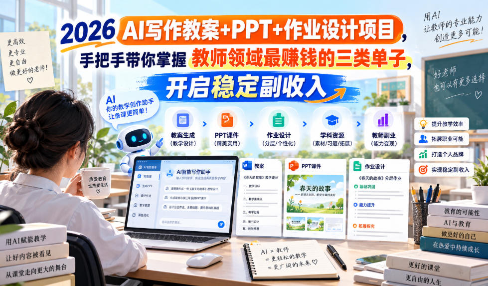 2026 AI写作教案+PPT+作业设计项目，手把手带你掌握教师领域最賺钱的三类单子，开启稳定副收入——生财有道创业项目网-生财有道