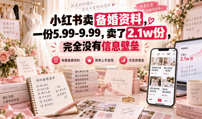 小红书卖备婚资料，一份5.99-9.99，卖了2.1w份，完全没有信息壁垒——生财有道创业项目网-生财有道