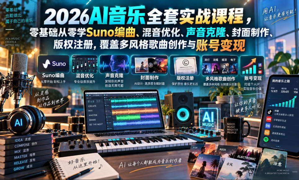 2026AI音乐实战课程，零基础从零学Suno编曲、混音优化、声音克隆、版权注册，覆盖多风格歌曲创作与账号变现——生财有道创业项目网-生财有道