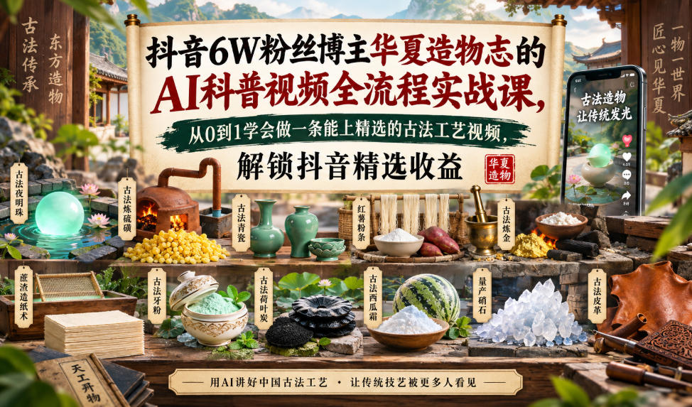 抖音6W粉丝博主华夏造物志的AI科普视频全流程实战课，从0到1学会做一条能上精选的古法工艺视频，解锁抖音精选收益——生财有道创业项目网-生财有道