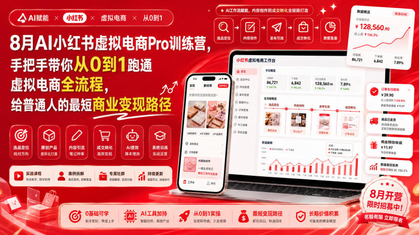8月AI小红书虚拟电商Pro训练营，手把手带你从0到1跑通虚拟电商全流程，给普通人的最短商业变现路径（更新0910）——生财有道创业项目网-生财有道