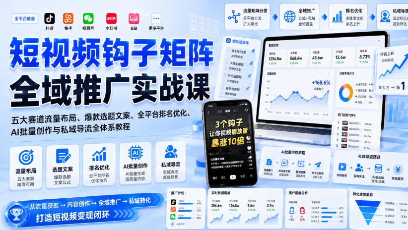 短视频钩子矩阵全域推广实战课|五大赛道流量布局、爆款选题文案、全平台排名优化、AI批量创作与私域导流全体系教程——生财有道创业项目网-生财有道