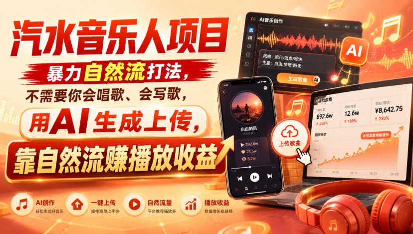 图片[1]-汽水音乐人项目，暴力自然流打法，不需要你会唱歌、会写歌，用AI生成上传，靠自然流賺播放收益——生财有道创业项目网-生财有道