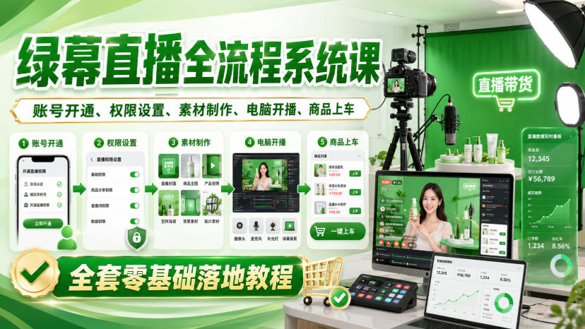 绿幕直播全流程系统课，账号开通、权限设置、素材制作、电脑开播、商品上车全套零基础落地教程——生财有道创业项目网-生财有道