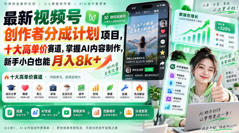 最新视频号创作者分成计划项目，十大高单价赛道，掌握AI内容制作，新手小白也能月入8k+——生财有道创业项目网-生财有道