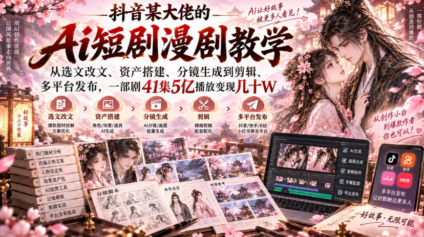 抖音某大佬的Ai短剧漫剧教学，从选文改文、资产搭建、分镜生成到剪辑、多平台发布，一部剧41集5亿播放变现几十W——生财有道创业项目网-生财有道