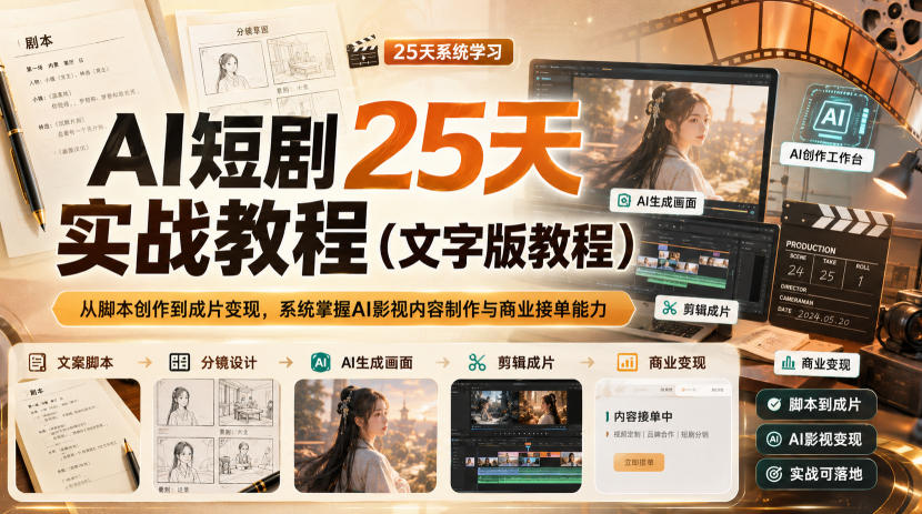 AI短剧25天实战教程(文字版教程),从脚本创作到成片变现,系统掌握AI影视内容制作与商业接单能力——生财有道创业项目网-生财有道