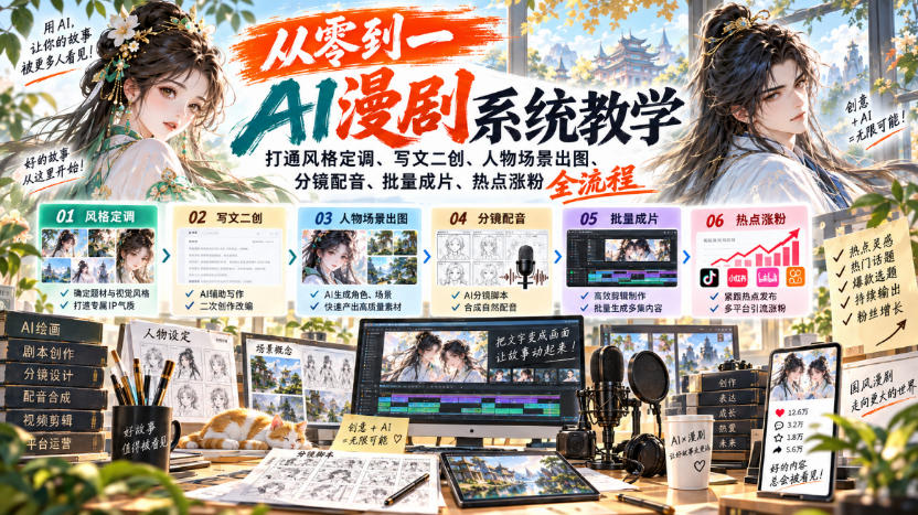从零到一AI漫剧系统教学,打通风格定调、写文二创、人物场景出图、分镜配音、批量成片、热点涨粉全流程——生财有道创业项目网-生财有道