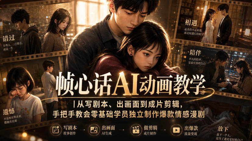 帧心话AI动画教学｜从写剧本、出画面到成片剪辑，手把手教会零基础学员独立制作爆款情感漫剧——生财有道创业项目网-生财有道