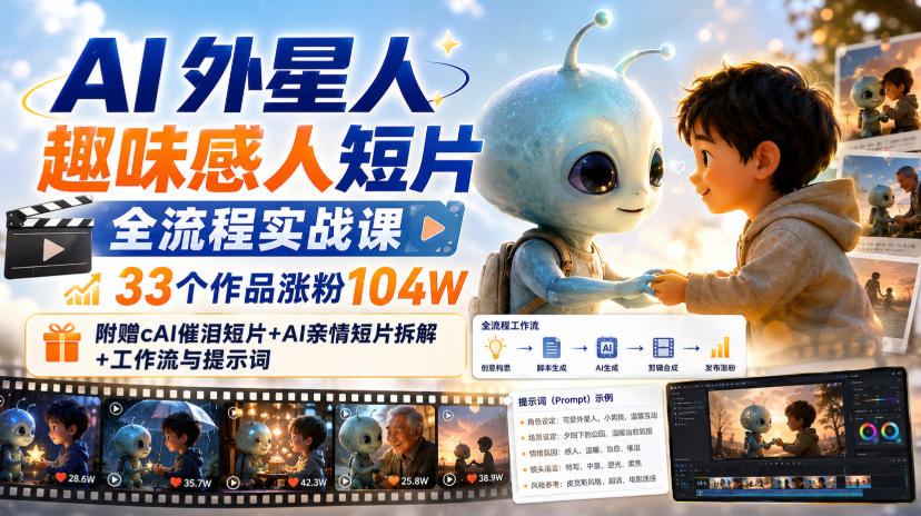 AI外星人趣味感人短片全流程实战课，33个作品涨粉104W，附赠AI催泪短片+AI亲情短片拆解+工作流与提示词——生财有道创业项目网-生财有道