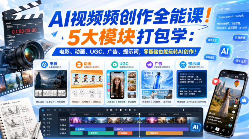 AI视频频创作全能课！5大模块打包学：电影、动画、UGC、广告、提示词，零基础也能玩转AI创作！【原创双语字幕】——生财有道创业项目网-生财有道