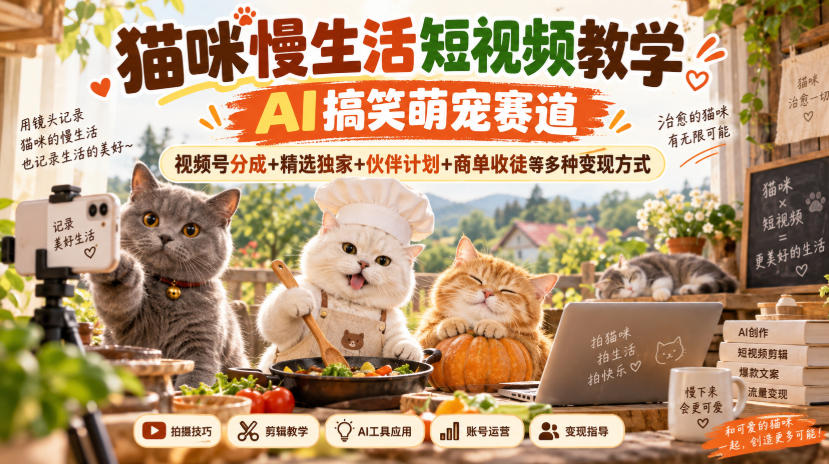 猫咪慢生活短视频教学，AI搞笑萌宠赛道，视频号分成+精选独家+伙伴计划+商单收徒等多种变现方式——生财有道创业项目网-生财有道