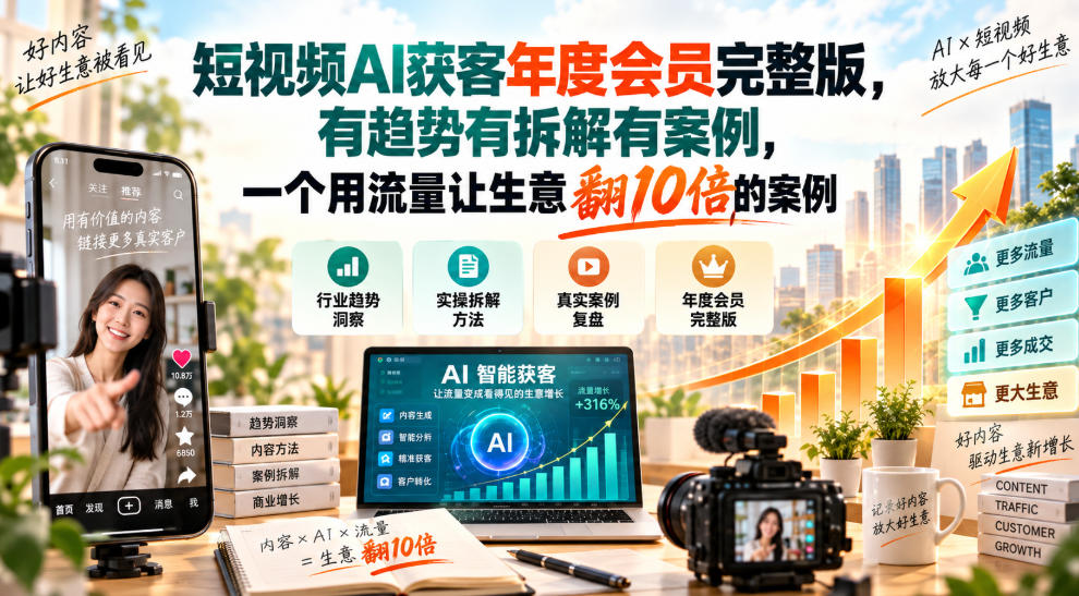 短视频AI获客年度会员完整版，有趋势有拆解有案例，一个用流量让生意翻10倍的案例——生财有道创业项目网-生财有道