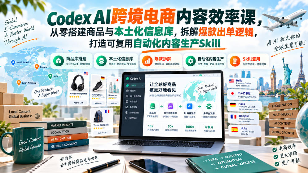 Codex AI跨境电商内容效率课，从零搭建商品与本土化信息库，拆解爆款出单逻辑，打造可复用自动化内容生产Skill——生财有道创业项目网-生财有道