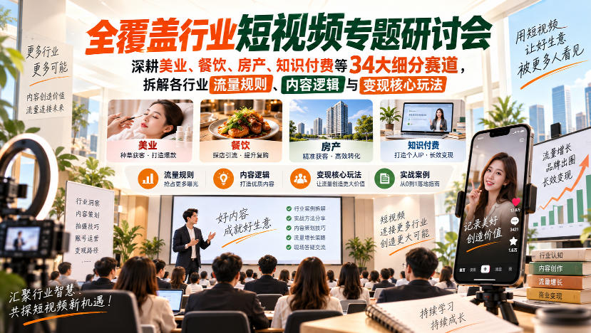 短视频专题研讨会,深耕美业、餐饮、房产、知识付费等34大细分赛道,拆解各行业流量规则、内容逻辑与变现核心玩法——生财有道创业项目网-生财有道