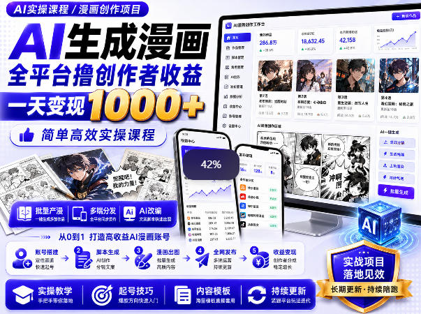 AI生成漫画全平台撸创作者收益内部课程，实操最高单日变现1k+——生财有道创业项目网-生财有道