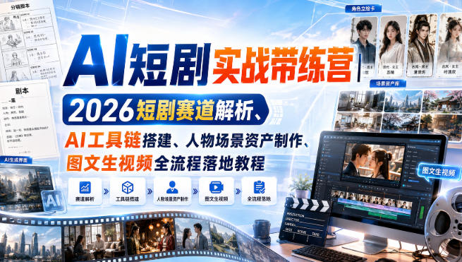AI短剧实战带练营｜2026短剧赛道解析、AI工具链搭建、人物场景资产制作、图文生视频全流程落地教程——生财有道创业项目网-生财有道