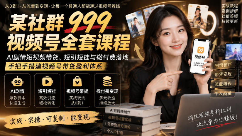 某社群999视频号全套课程，AI剧情短视频带货、短引短挂与微付费落地，手把手搭建视频号带货盈利体系——生财有道创业项目网-生财有道