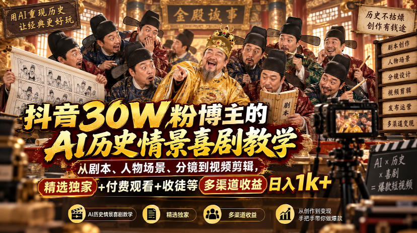 抖音30W粉博主的AI历史情景喜剧教学，从剧本、人物场景、分镜到视频剪辑，精选独家+付费观看+收徒等多渠道收益日入1k+——生财有道创业项目网-生财有道