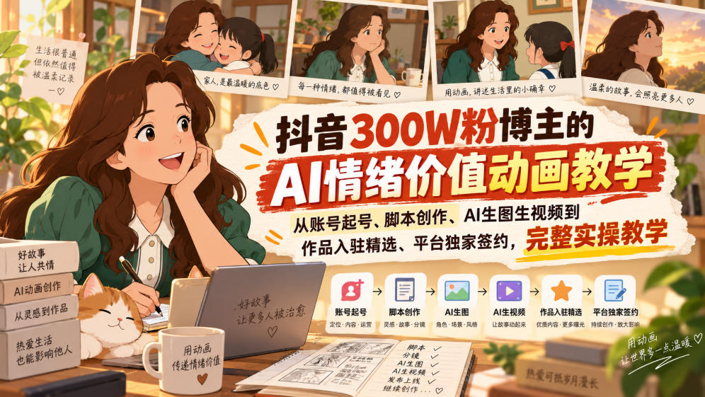 抖音300W粉博主的AI情绪价值动画教学，从账号起号、脚本创作、AI生图生视频到作品入驻精选、平台独家签约，完整实操——生财有道创业项目网-生财有道