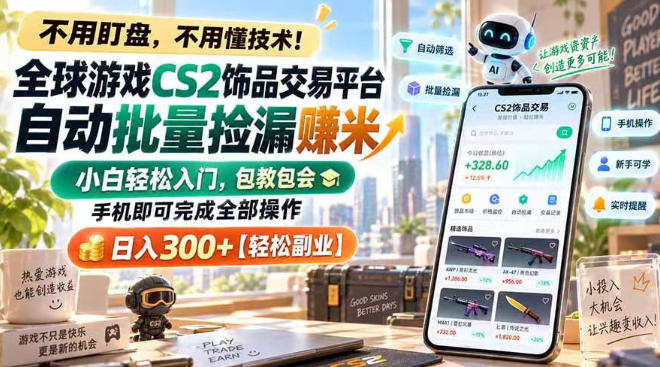 全球游戏CS2饰品交易平台自动批量捡漏賺米,小白轻松入门,包教包会,手机即可完成全部操作,日入300+【揭秘】——生财有道创业项目网-生财有道