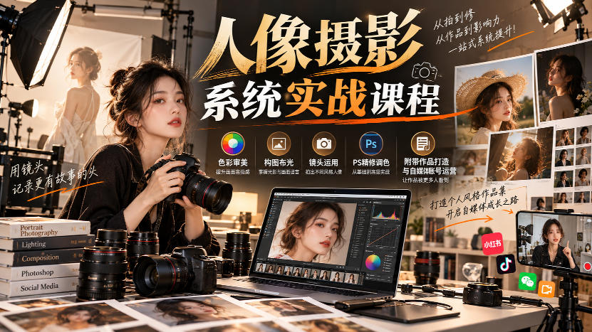 【无水印】人像摄影系统实战课程，色彩审美、构图布光、镜头运用、PS精修调色，附带作品打造与自媒体账号运营——生财有道创业项目网-生财有道
