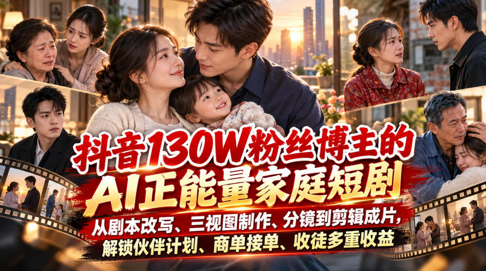 抖音130W粉丝博主的AI正能量家庭短剧，从剧本改写、三视图制作、分镜到剪辑成片，解锁伙伴计划、商单接单、收徒多重收益——生财有道创业项目网-生财有道